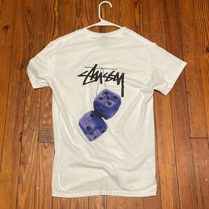 Stussy T-shirt design, white with purple dice